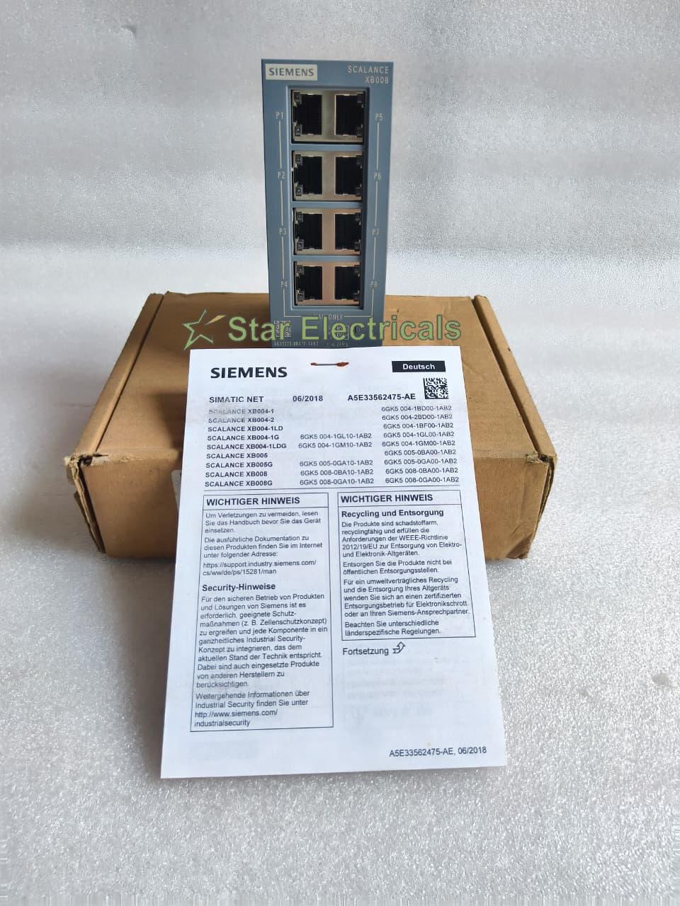 Siemens SCALANCE XB008 Unmanaged Industrial Ethernet Switch 8-Port RJ45 | 6GK5008-0BA10-1AB2 | DIN Rail Mount